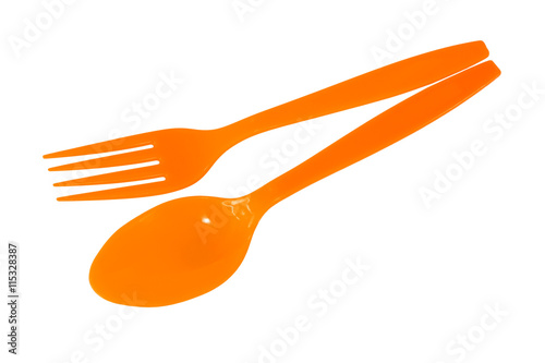 plastic fork and spoon isolated on white background