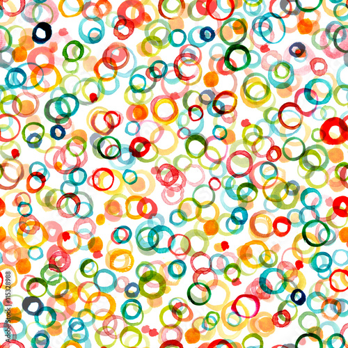Seamless watercolor background pattern with colorful hand drawn circles of different colors