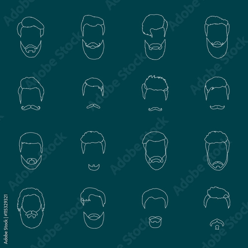 Mans hair set of beards and mustaches vector line. Hipster style fashion beards and hair isolated illustration outline. Peoples hairstyle icon  collection of beards mustaches barbershop.