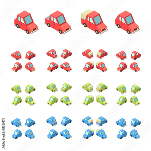 Vector isometric icon set or infographic element set representing private cars, cartoon hatchback and sedan car with front and rear views.