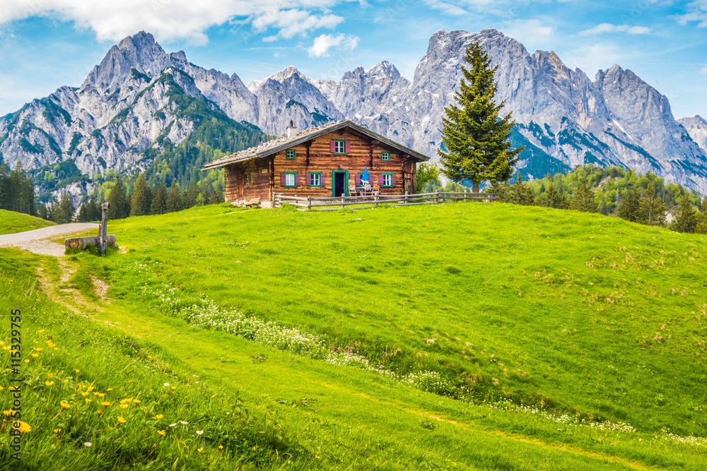 Idyllic scenery in the Alps with mountain chalet and green meadows
