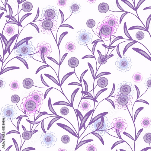 Floral seamless pattern in retro style, cute cartoon pink,light blue flowers white background