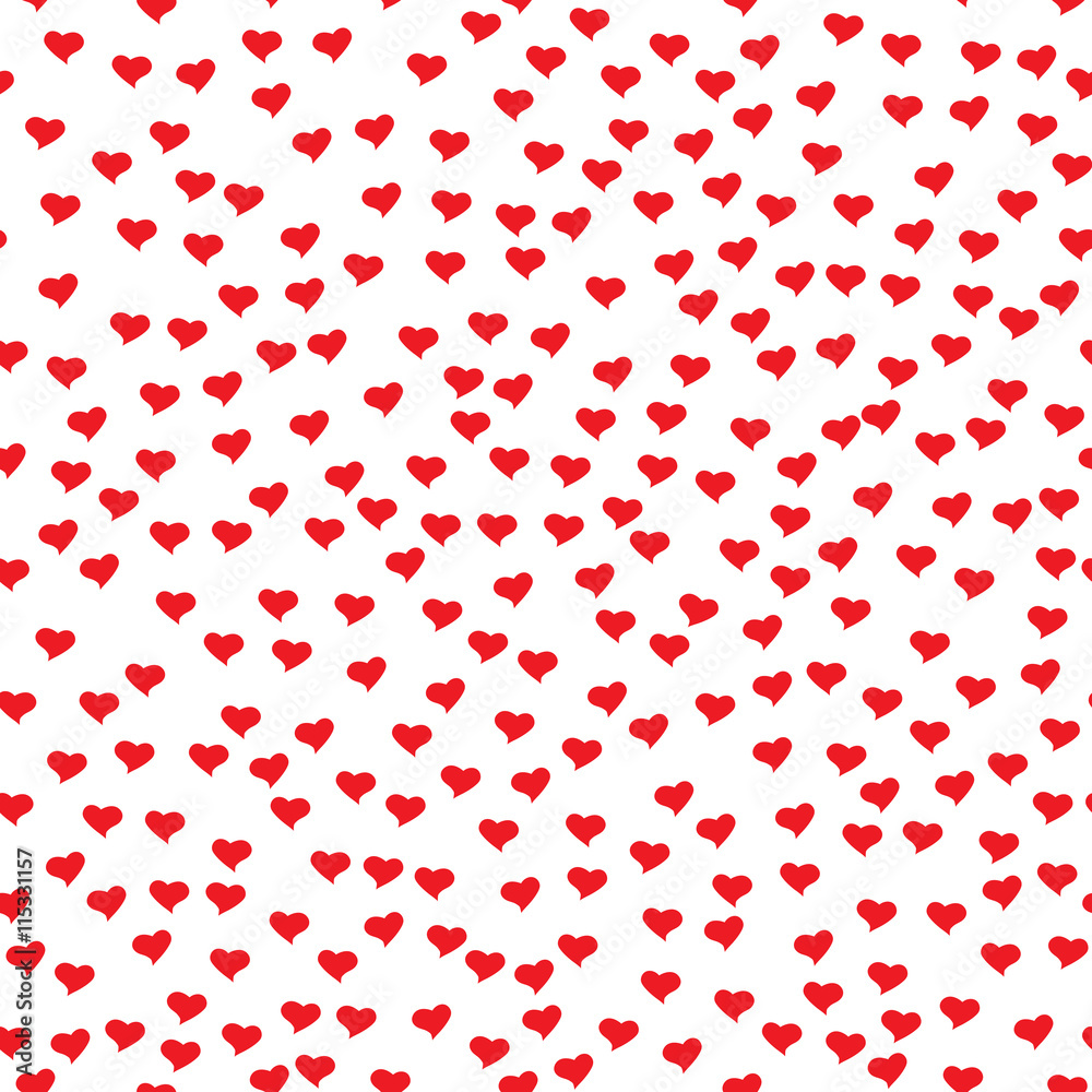 Romantic seamless pattern with tiny red hearts. Abstract repeating. Cute backdrop. White background. Template for Valentine's, Mother's Day, wedding, scrapbook, surface textures. Vector illustration.