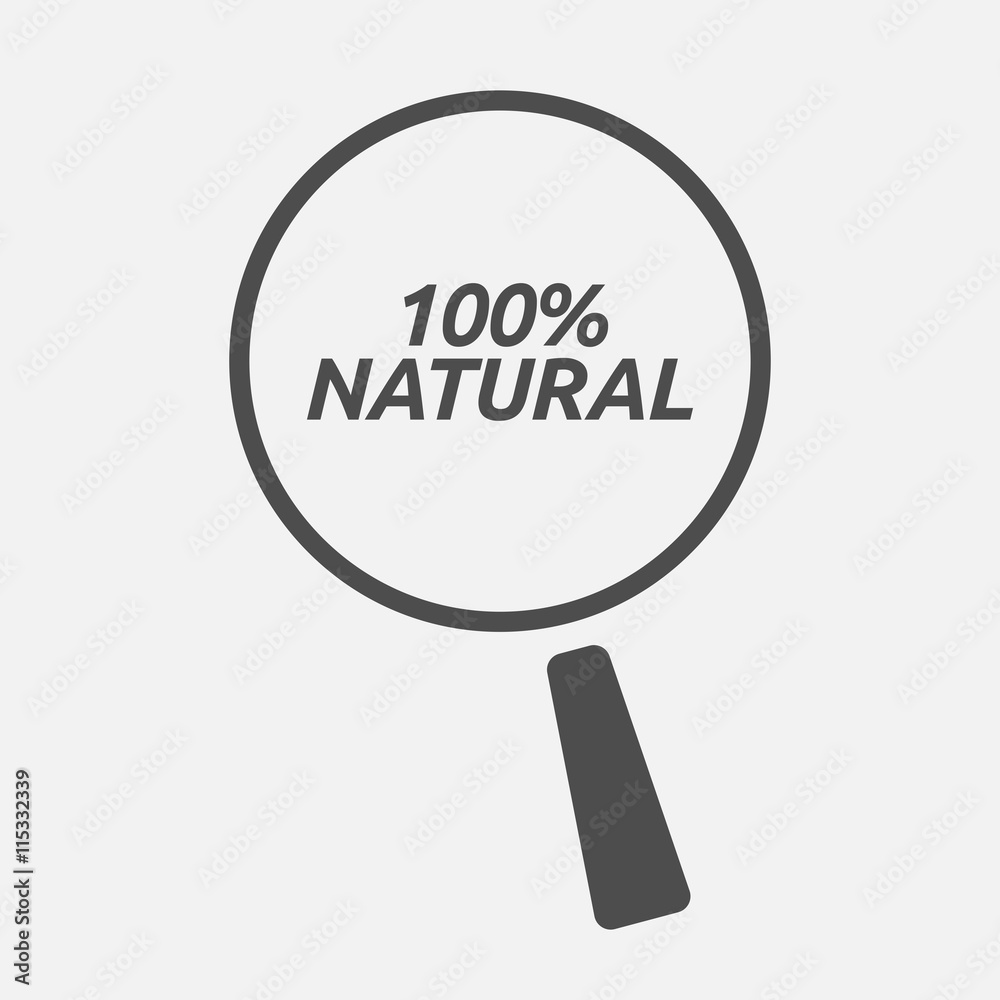 Isolated magnifying glass icon focusing the text 100% NATURAL Isolated magnifying glass icon focusing the text 100% NATURAL