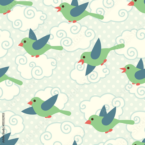 Seamless pattern with cute cartoon birds in the sky