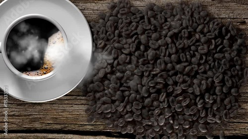 Tasse à café avec de la fumée et les grains de café sur une vieille table en bois. Espace libre disponible. Vidéo 4K. Rendu 3D

