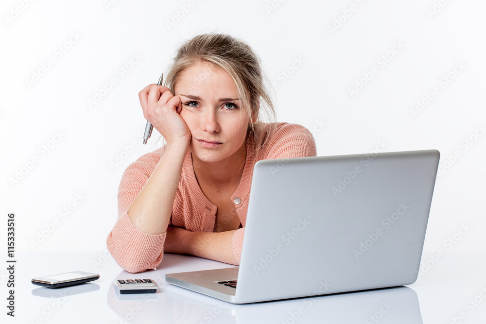 thinking beautiful girl studying or working hard on her computer thinking beautiful girl studying or working hard on her computer