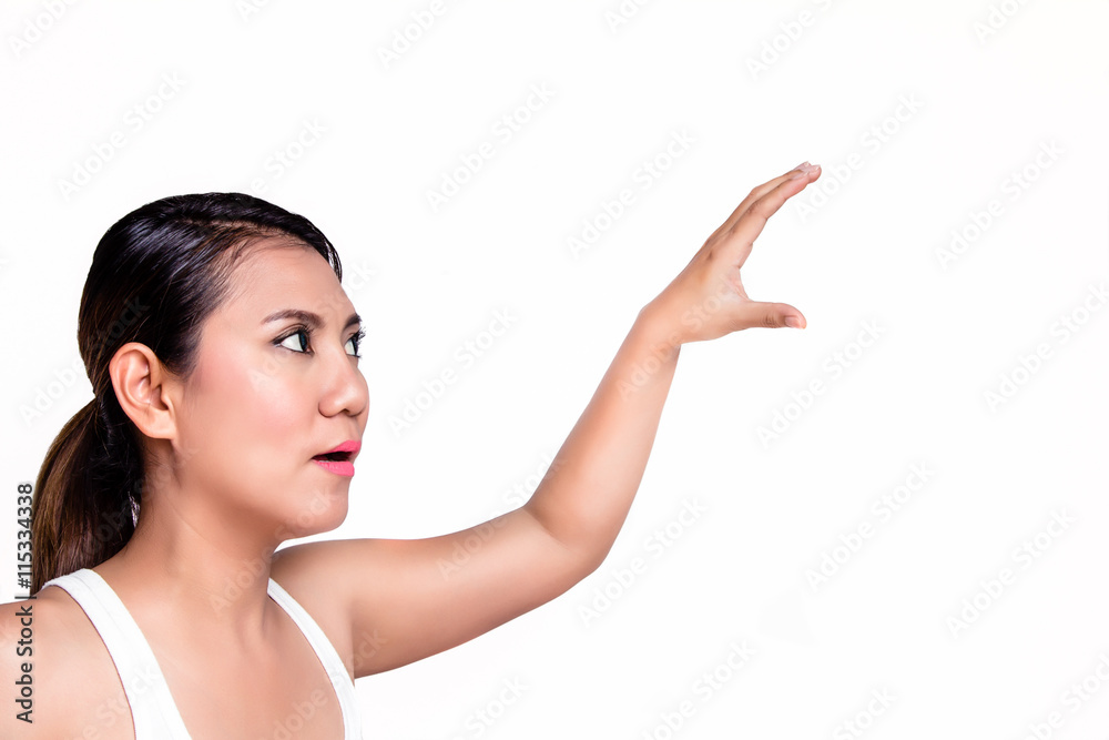 Asian woman pretending holding something Asian woman pretending holding something