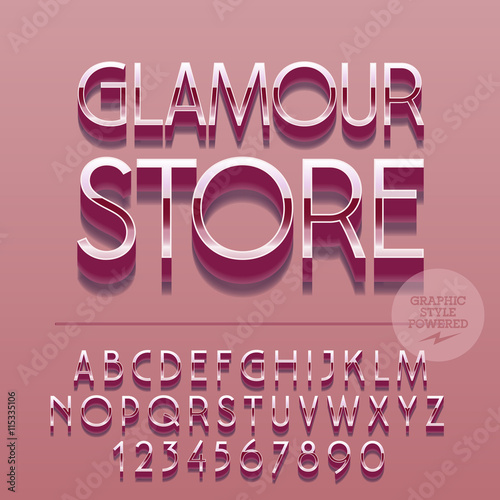 Set of slim reflective alphabet letters, numbers and punctuation symbols. Vector glance sign with text Glamour store. File contains graphic styles