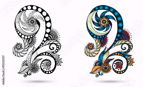 Ethnic floral zentangle, doodle background pattern circle in vector. Henna paisley mehndi doodles design tribal design element. Black and white pattern for coloring book for adults and kids.