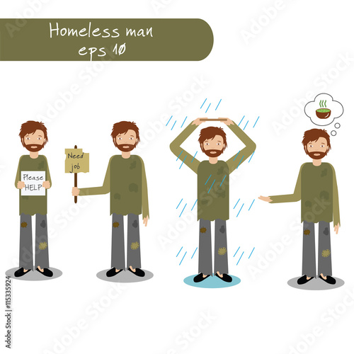 Homeless man begging for money, job, food, help. Vector illustration