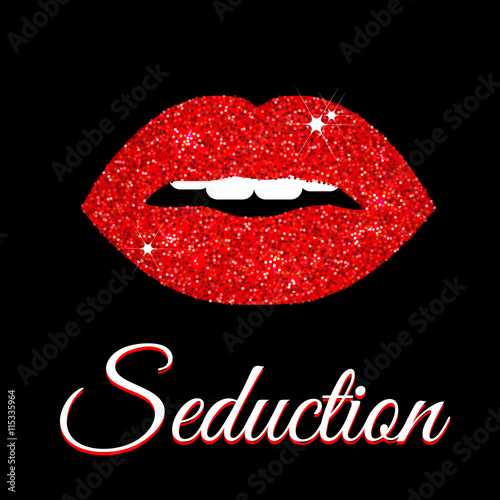 Vector illustration of red glittering sexy lips and seduction text