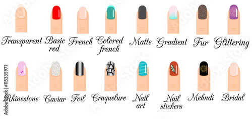 Manicure types. Nail design, nail art vector set. Trendy manicure styles and polish