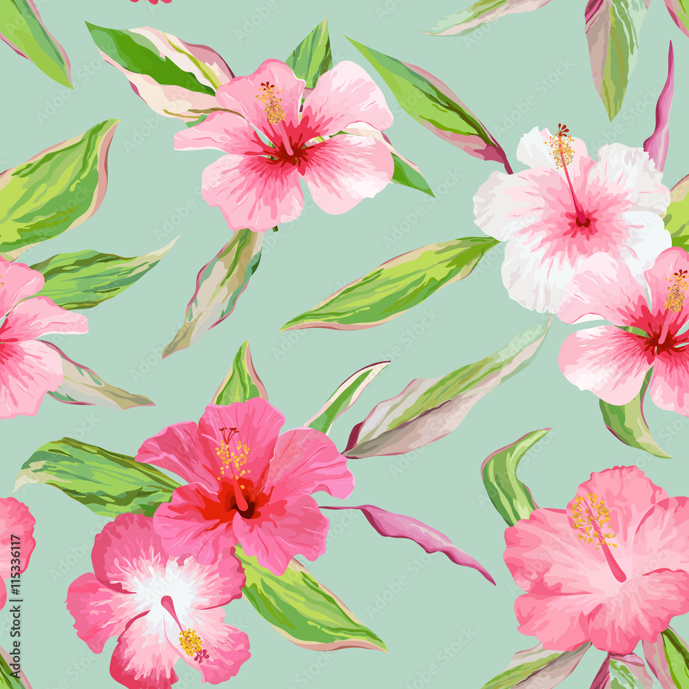 Tropical Leaves and Flowers Background. Seamless Pattern in Vector