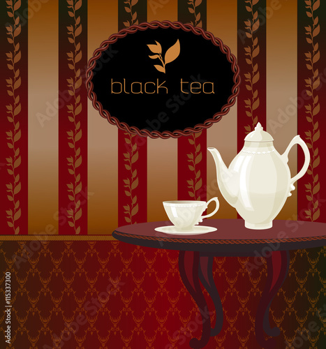 Menu template with Ceylon black tea in a teapot in english style.