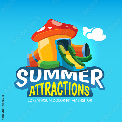 Vector illustration of inflatable castles and children hills on playground