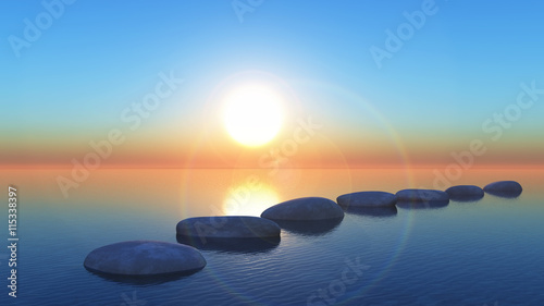 Schilderij op canvas 3D stepping stones in the ocean at sunset