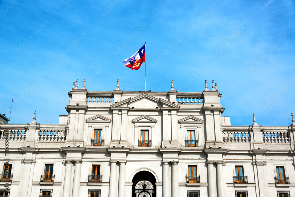 View of the facade of La Moneda Palace, the presidential palace in Santiago, Chile