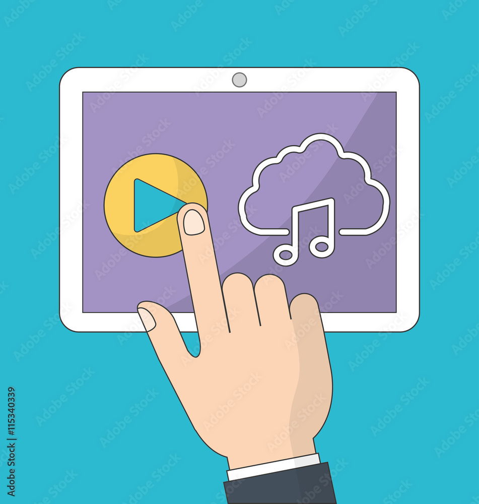 Music online represented by tablet, cloud and music note icon. Colorfull and Flat illustration Music online represented by tablet, cloud and music note icon. Colorfull and Flat illustration