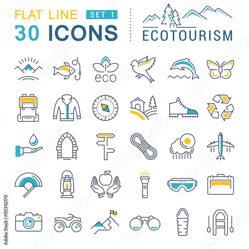 Set Vector Flat Line Icons Ecotourism