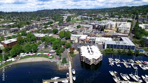 Kirkland, Washington USA Aerial Panorama of the Downtown Waterfront Boat Marina and Park photo