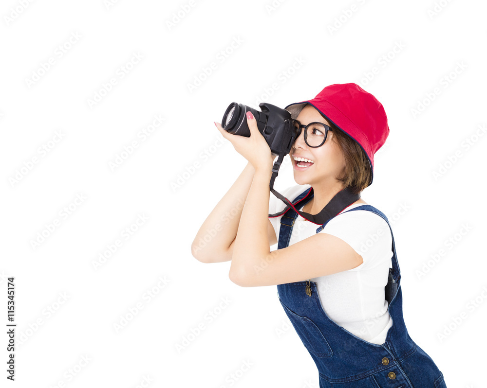 happy young woman taking photo on camera happy young woman taking photo on camera
