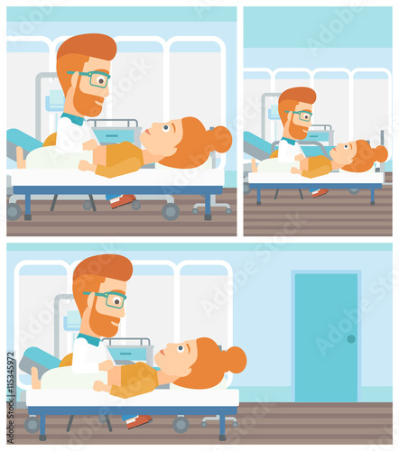 Doctor touching abdomen of female patient.