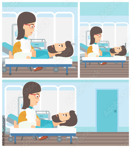 Doctor touching abdomen of male patient.