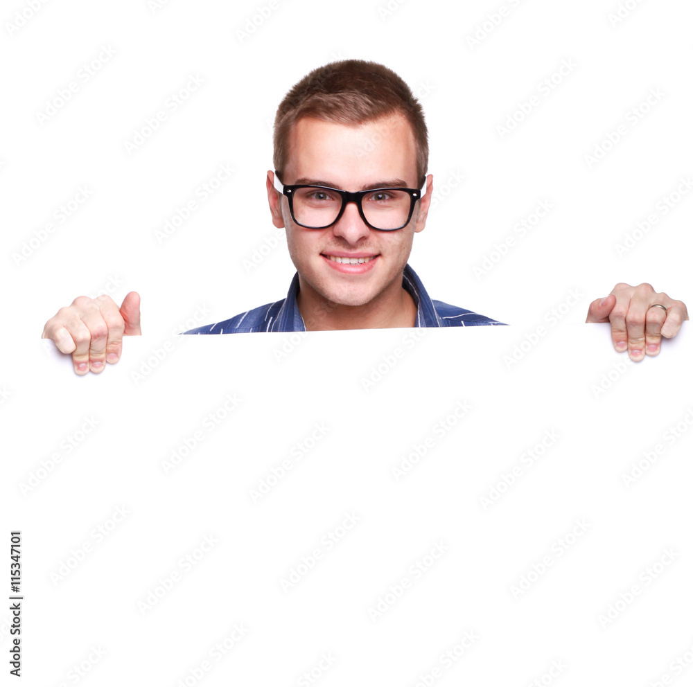Young man with placard Young man with placard
