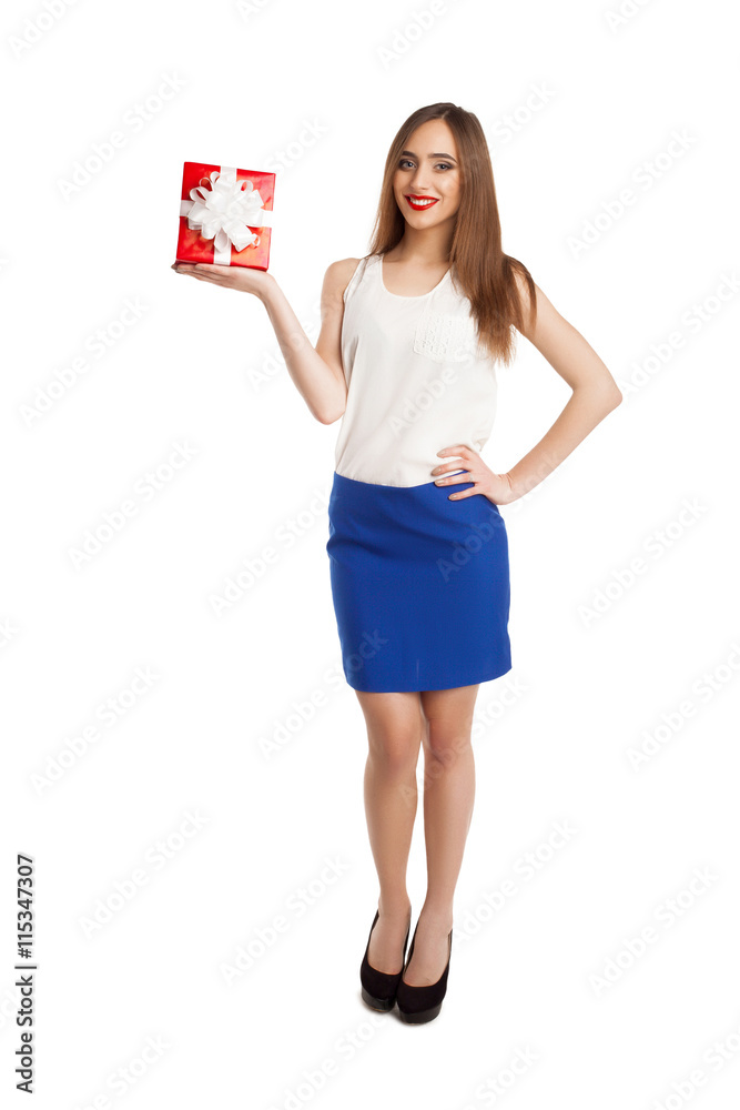 Model in blue skirt with gift Model in blue skirt with gift