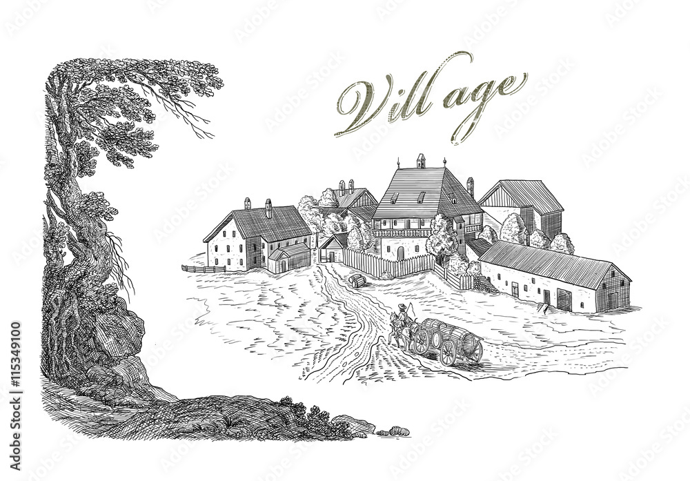 Old village art illustration
