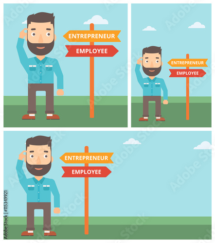 Confused man choosing career pathway.