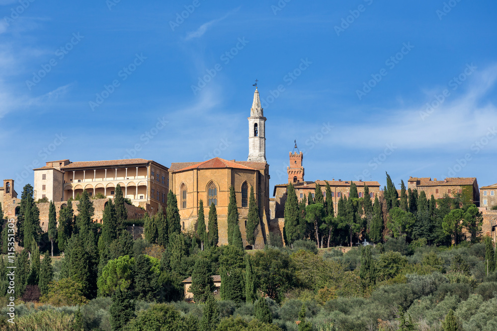View over Pienza, an old town in Tuscany, Italy, on a sunny, bright day of autumn
