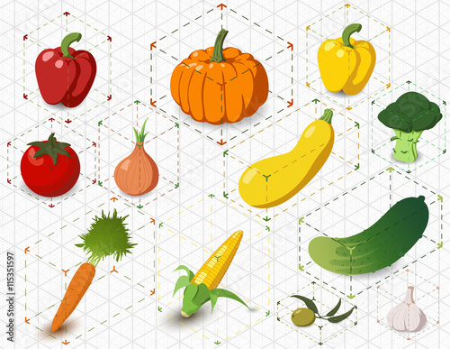 set of isometric vegetables in bounding box