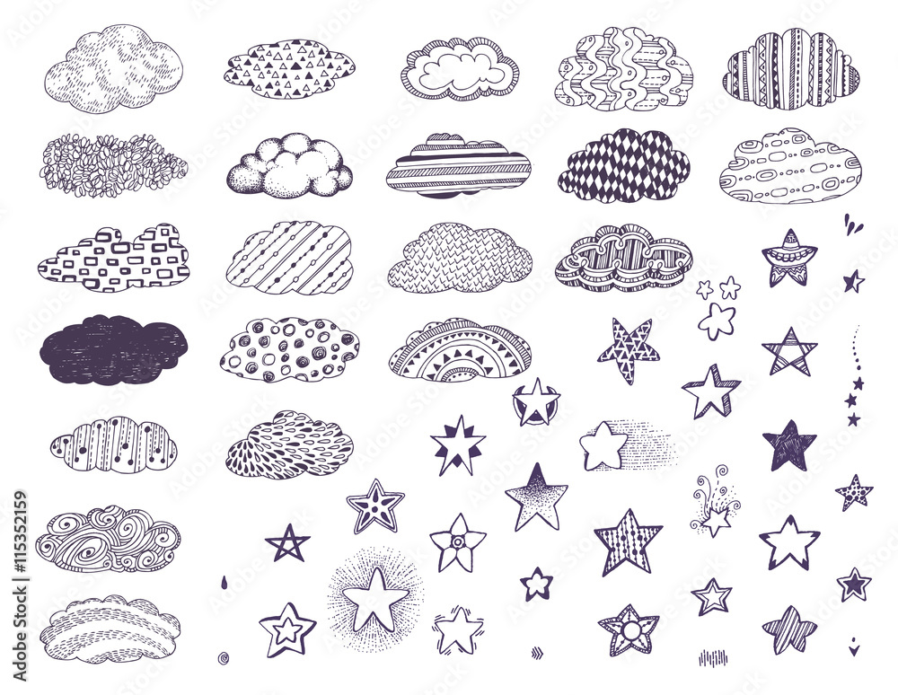 Doodle stars and clouds set, black and white collection with decorative abstract and geometrical elements. Monochrome Hand drawn vector illustration. Doodle stars and clouds set, black and white collection with decorative abstract and geometrical elements. Monochrome Hand drawn vector illustration.