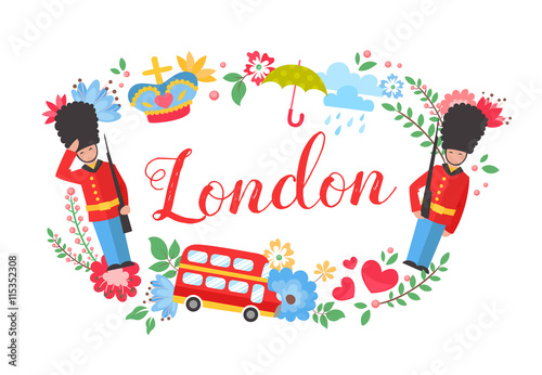 London floral wreath postcard with sightseeing elements