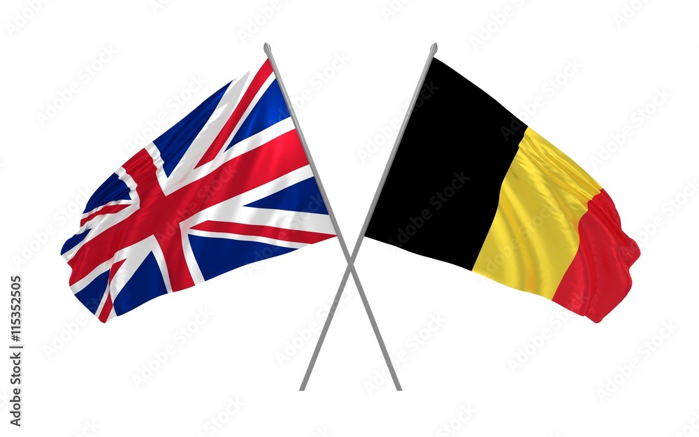 3d illustration of UK and Belgium flags together waving in the wind
