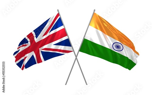 3d illustration of UK and India flags together waving in the wind