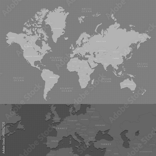 Highly detailed world map with labeling, increased of the European countries. Dark grayscale vector illustration.