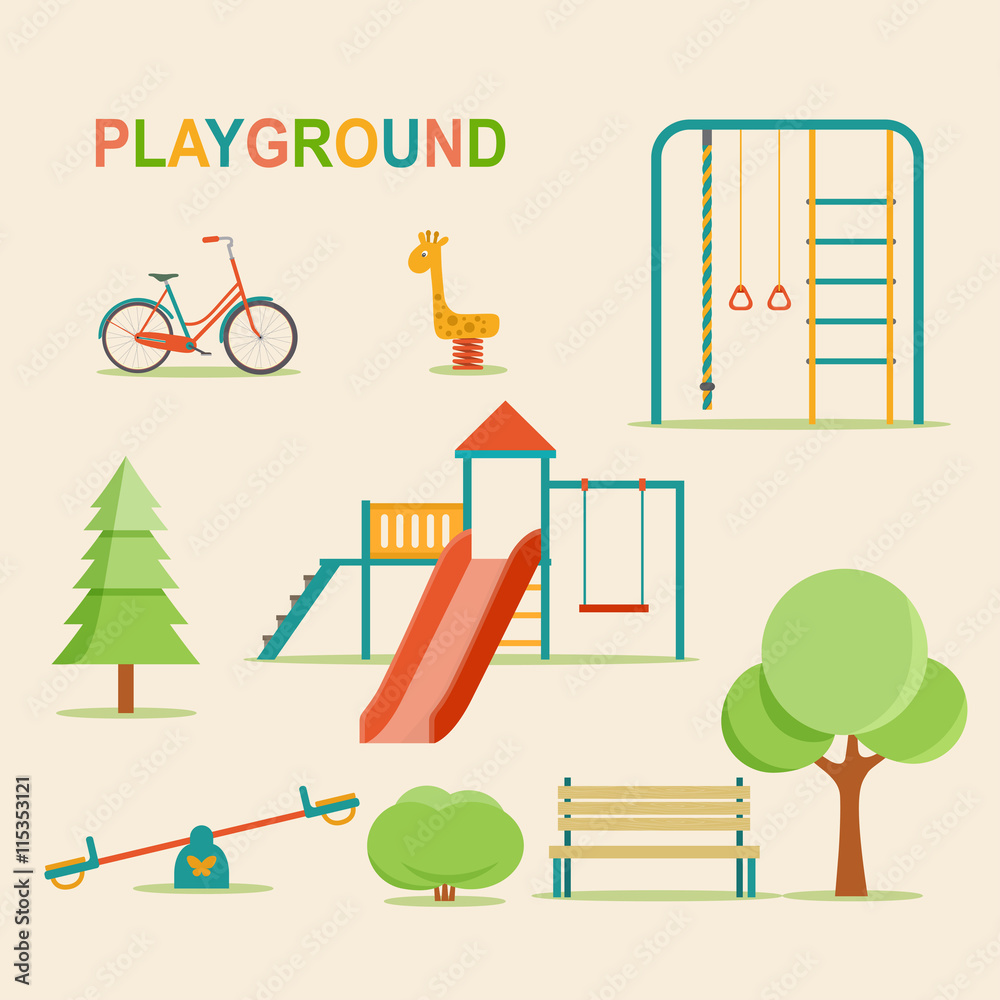 Fototapeta premium Kids playground, city park set. Kindergarten playground with swings, slide, rope, toy giraffe.Vector flat illustration.