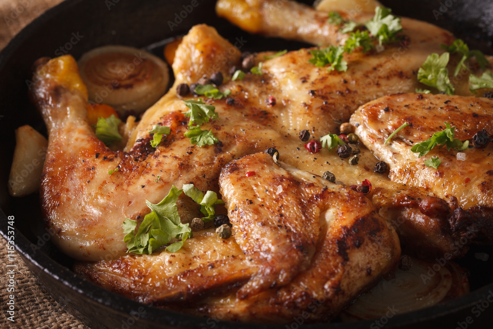 Spicy Chicken tobacco with garlic in a pan macro. horizontal
Spicy Chicken tobacco with garlic in a pan macro. horizontal