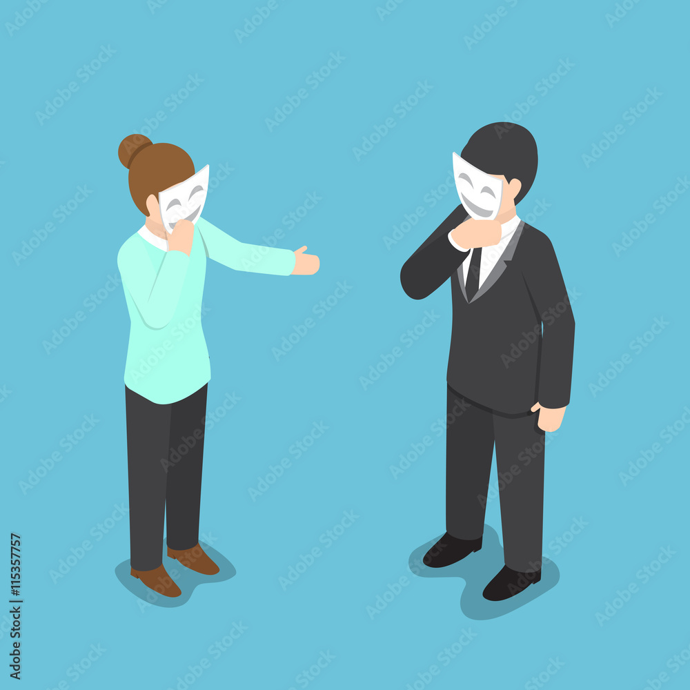 Isometric business people covering their face with smiling mask Isometric business people covering their face with smiling mask