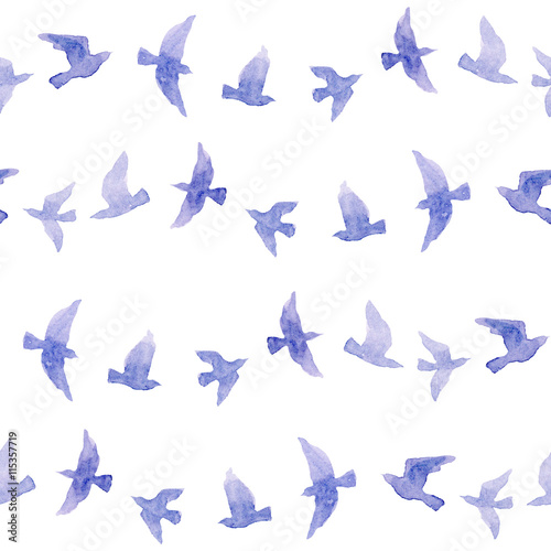 Cute repeat pattern with naive watercolor birds 