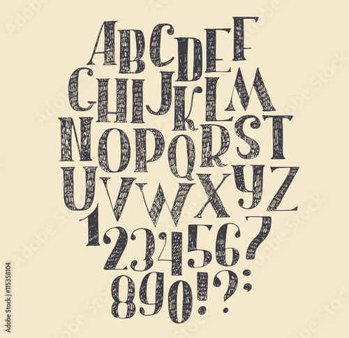 Vector hand drawn font, based on english hand drawn abc from a to z and numbers from 0 to 9. Capital font made with nib and serif, decorated hatch freehand alphabet . Isolated vector illustration.