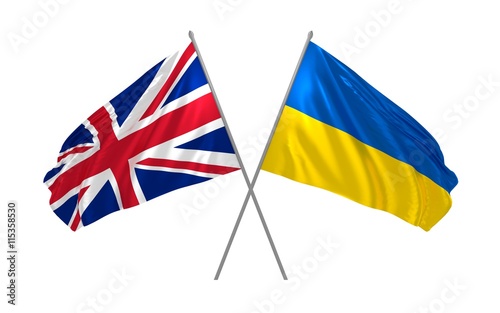 3d illustration of UK and Ukraine flags together waving in the wind