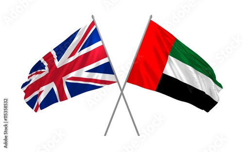 3d illustration of UK and United Arab Emirates flags together waving in the wind