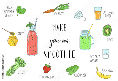 Smoothie recipe with a bottle and ingredients. Detox, healthy eating.