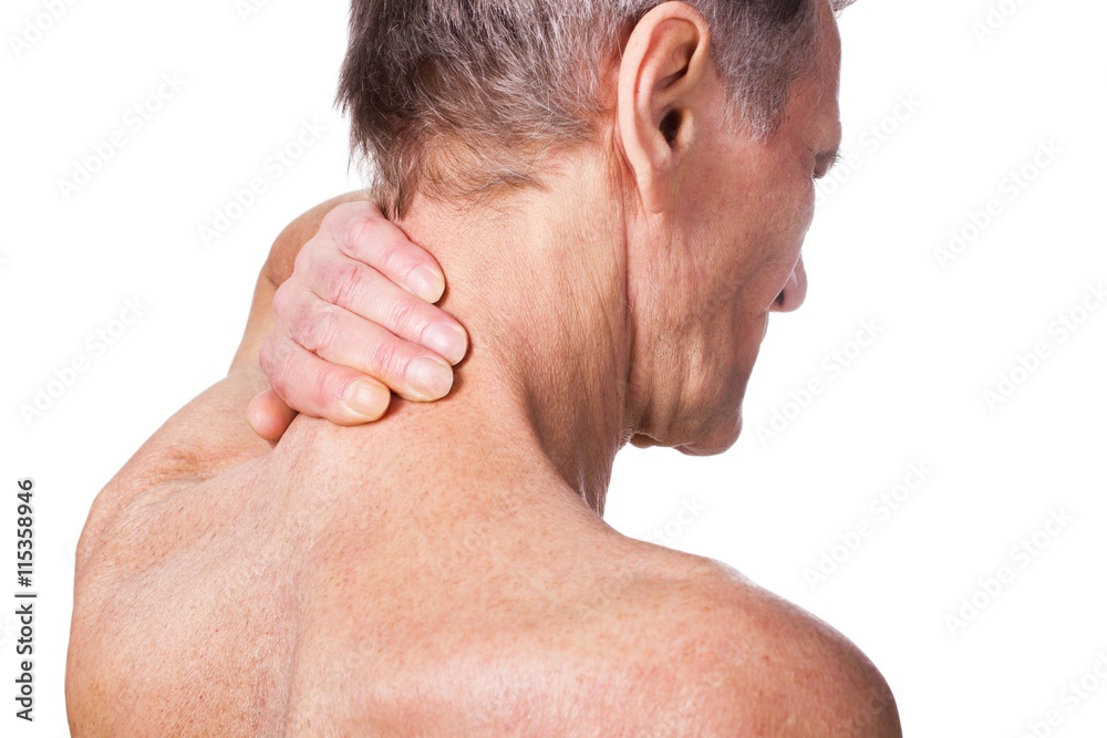 Obraz premium Man touching back of spine.Pain concept.Isolated on white