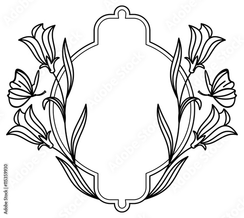 Elegant round frame with bluebells and butterfly.  Design element for advertisements, logos, pages, flyer, web, wedding and other invitations or greeting cards. Vector clip art.