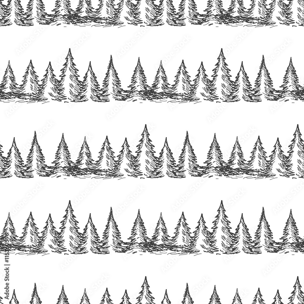 Monochromic seamless pattern with hand drawn pine forest. Vector illustration